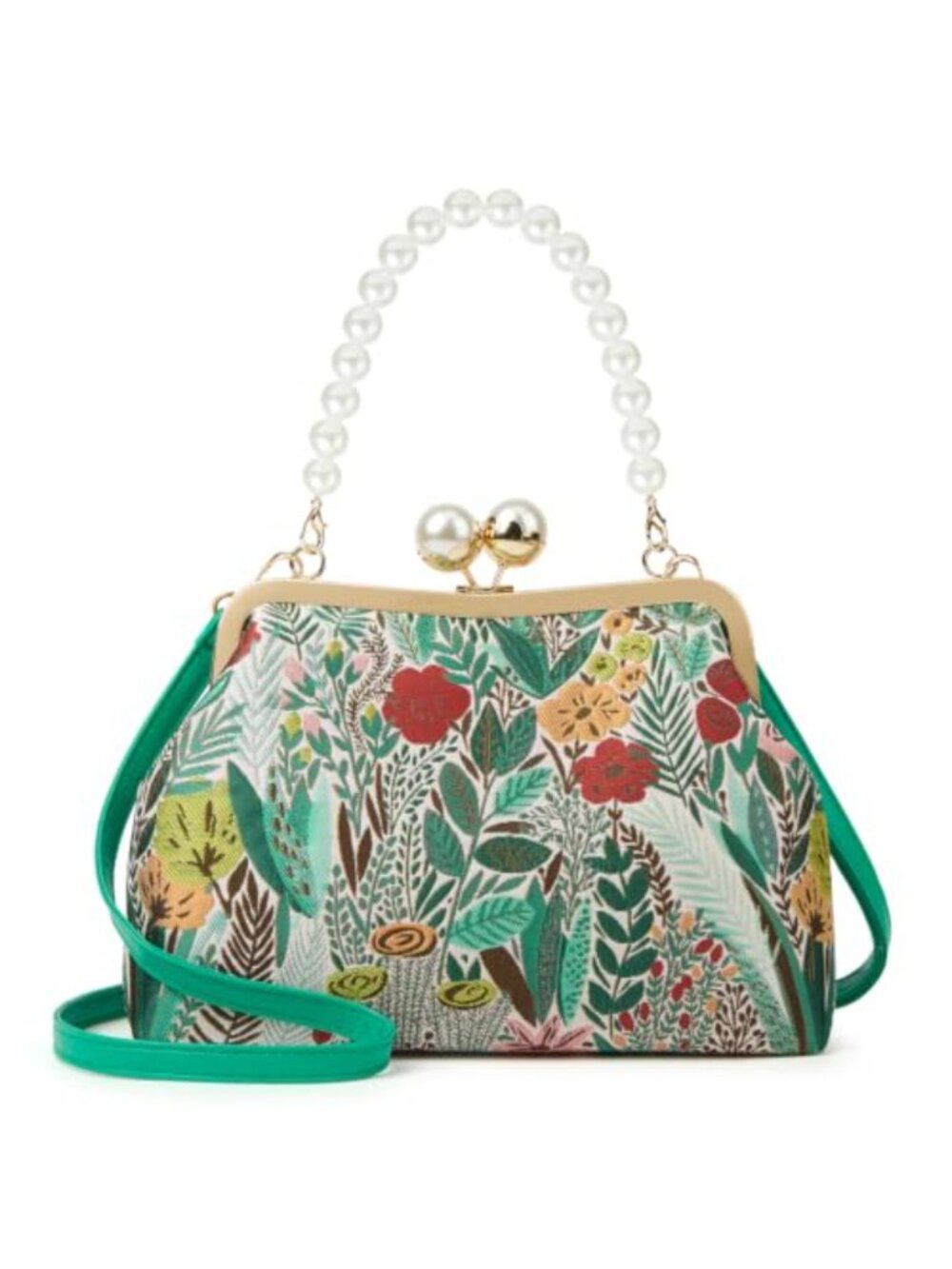 Embroidered Floral Crossbody Bag Kiss Lock Canvas Chain Handbag